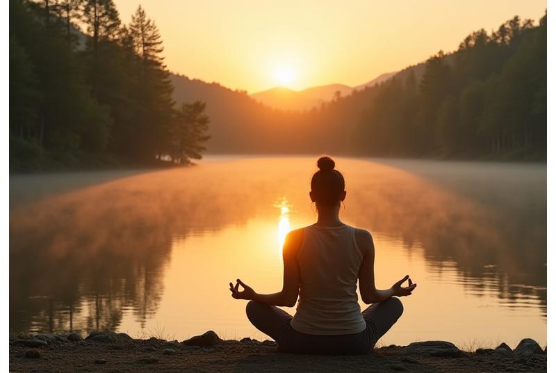 A person meditating peacefully by a calm lake at sunrise, symbolizing holistic well-being and inner peace.