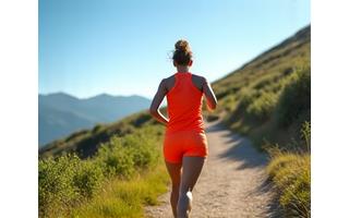 Person running on a scenic trail with energetic mood