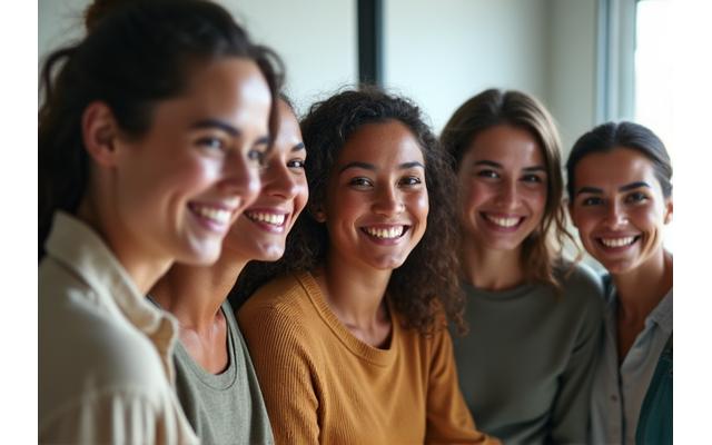Diverse group of people smiling and interacting in a positive community setting
