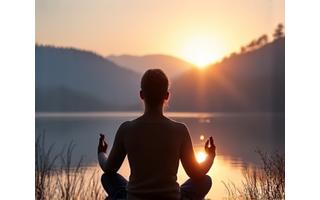 Person meditating peacefully outdoors during sunrise