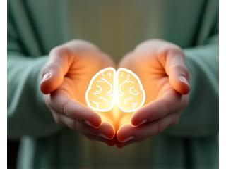 Hands forming a soft, protective shape around a glowing brain icon, symbolizing emotional intelligence and psychological well-being.