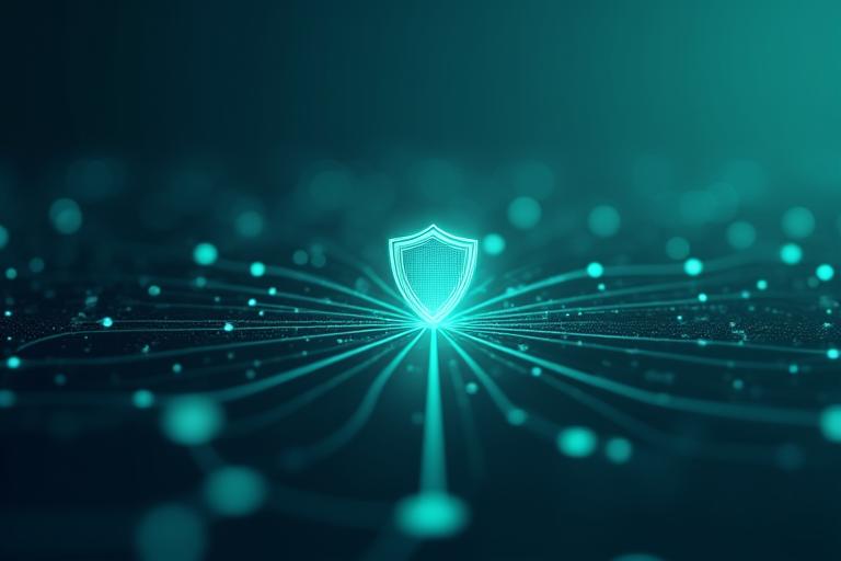 Abstract depiction of secure data, with interconnected nodes and a shield icon, symbolizing digital privacy and protection.