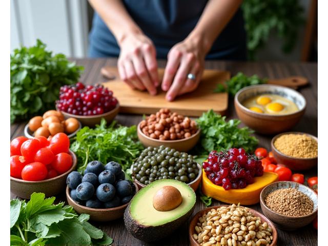 Healthy food ingredients and a person preparing a meal