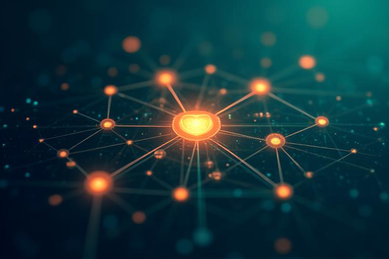 Abstract illustration representing data security and intellectual property protection, with interconnected nodes and glowing shields.