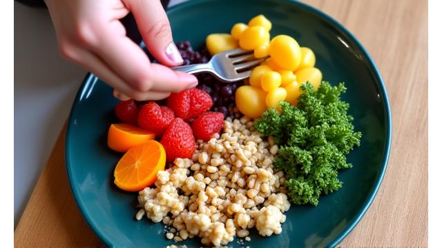 A balanced plate of healthy, colorful food, with a person gently holding a fork, symbolizing mindful eating practices.