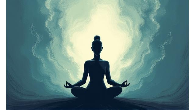 A person meditating calmly amidst a swirling, abstract representation of stress, depicting resilience and inner peace.