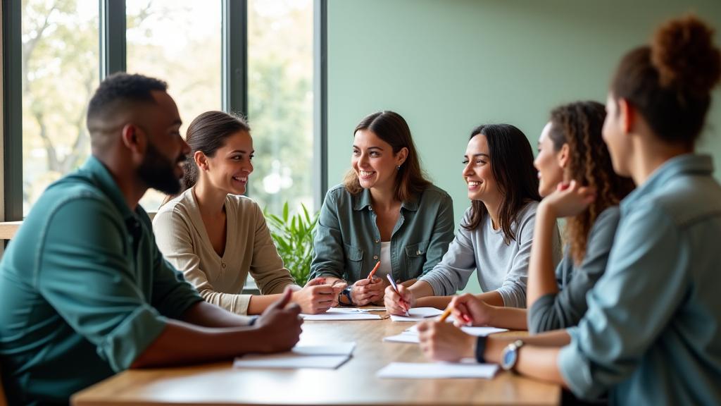 Diverse group of people in a bright, modern setting, participating in a wellness workshop, discussing and taking notes, embodying empowerment and community.